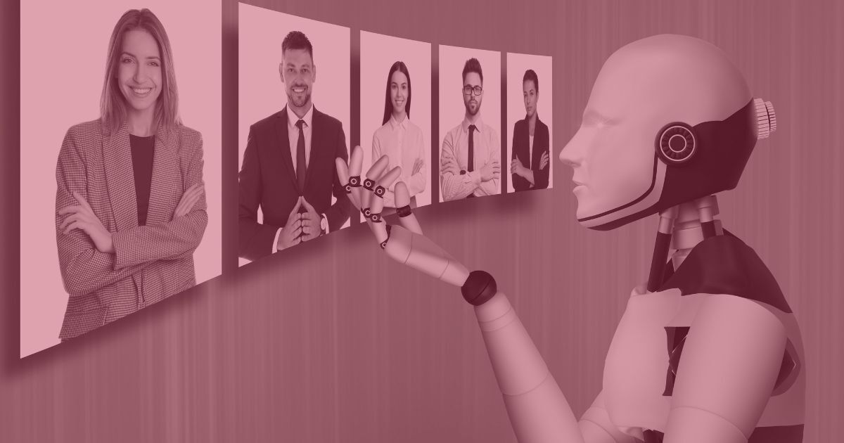 A humanoid robot analyzing digital portraits of professional job candidates displayed on a wall, representing the use of AI in recruitment and hiring decisions.