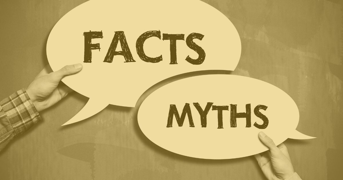 “Hands holding speech bubbles labeled ‘Facts’ and ‘Myths’ representing the truth behind common content marketing myths.
