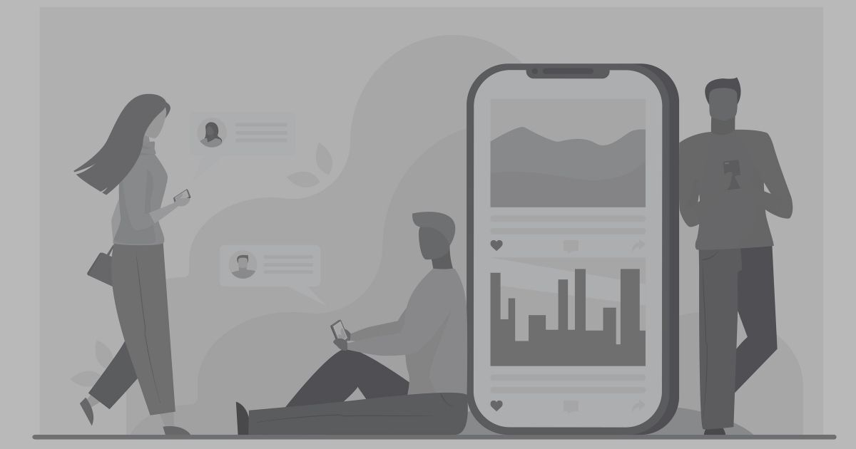 Illustration of professionals using smartphones and social media apps with a large phone screen, representing social media recruiting best practices and digital talent engagement by ProIQ.