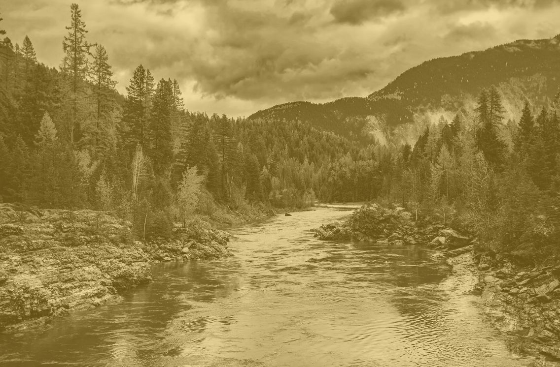 AI-enhanced digital marketing concept illustrated through a stylized natural landscape with a flowing river and mountain backdrop, symbolizing optimized email campaign flow and performance.