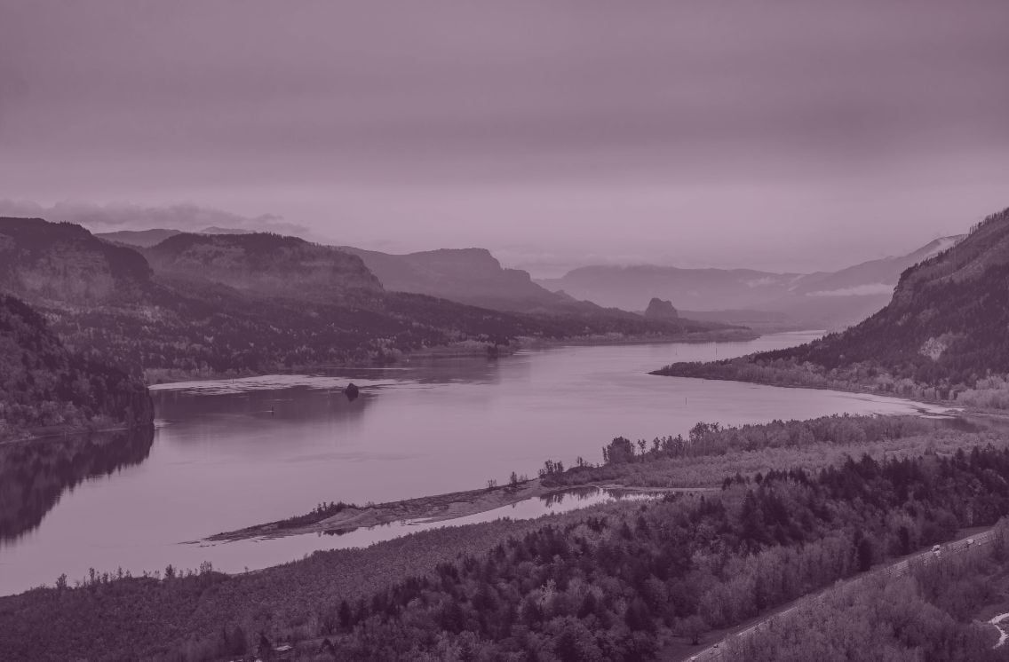 Scenic landscape view of a river winding through forested mountains under a cloudy sky, symbolizing the evolving digital landscape of SEO in 2025.