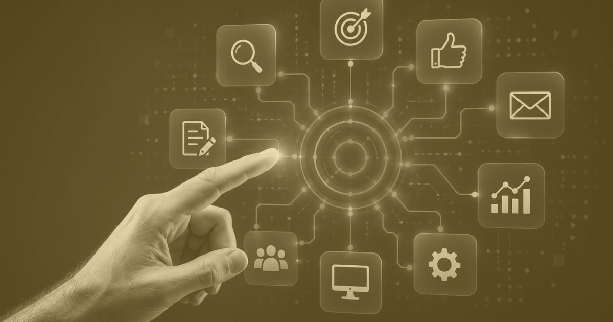 Illustration of an integrated marketing strategy connecting SEO, PPC, content, social media, email marketing, analytics, and website optimization into a unified digital marketing system.